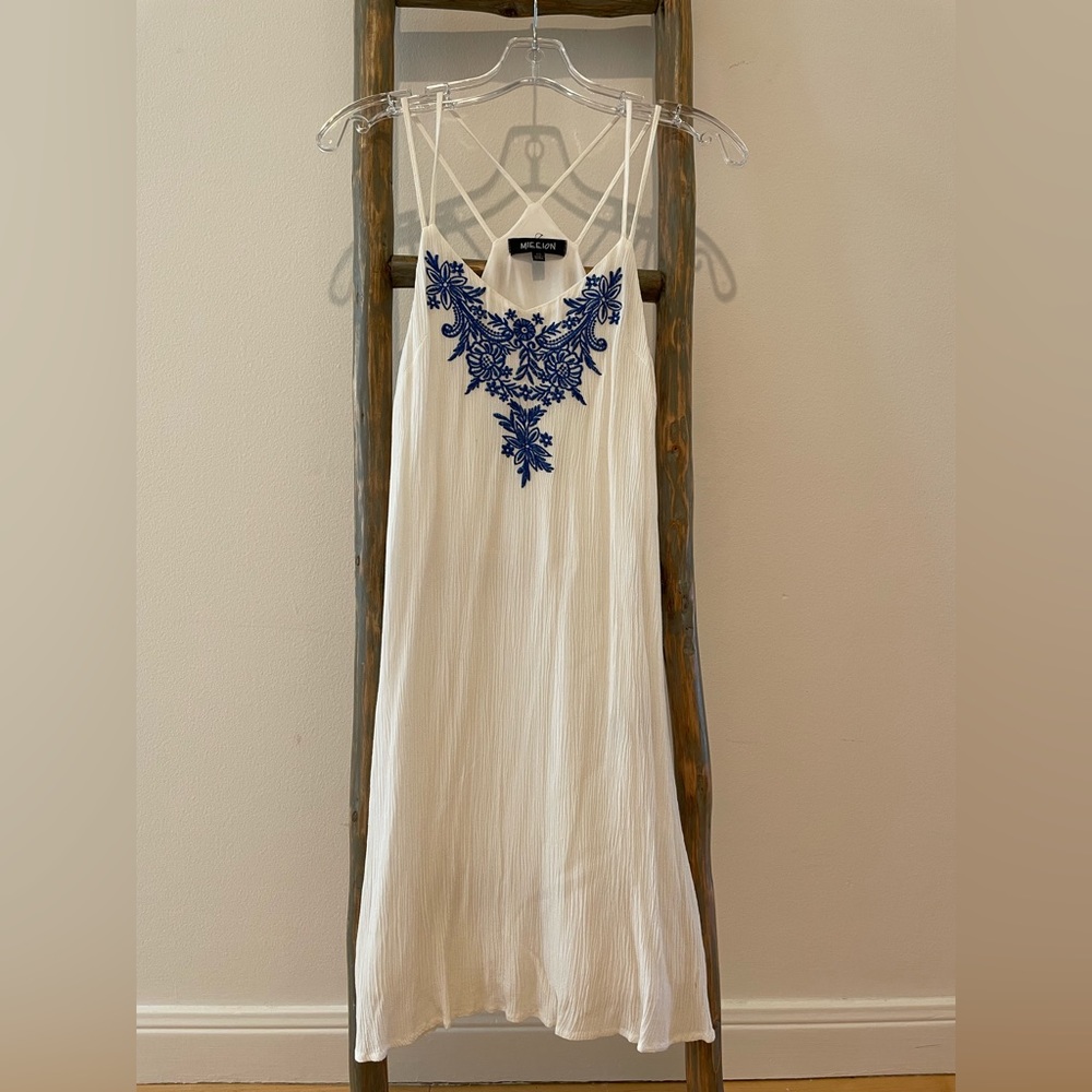 Midi White Dress with Blue Details size XS
